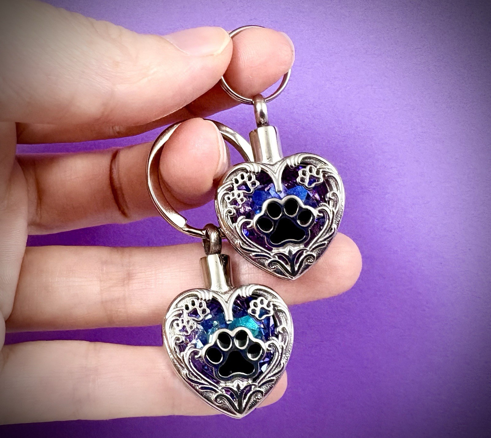 Paw Print Cremation Pendant Urn Keychain 1″ Key Ring for Ash Dog Cat Pet Purple