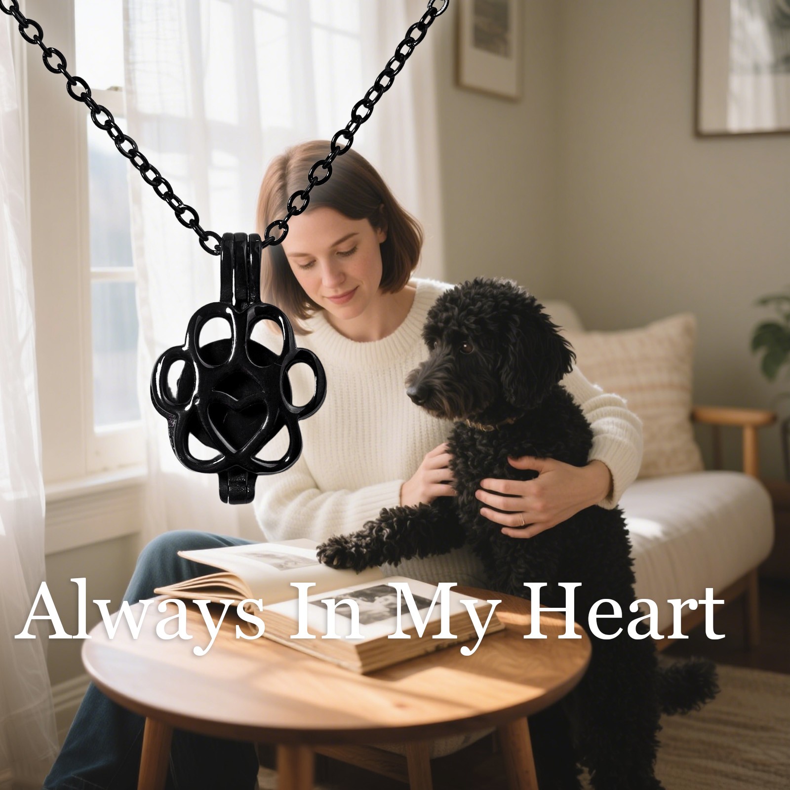 Black Paw Print Heart Pet Ashes Memorial Necklace with Inner Box For Dog&Cat