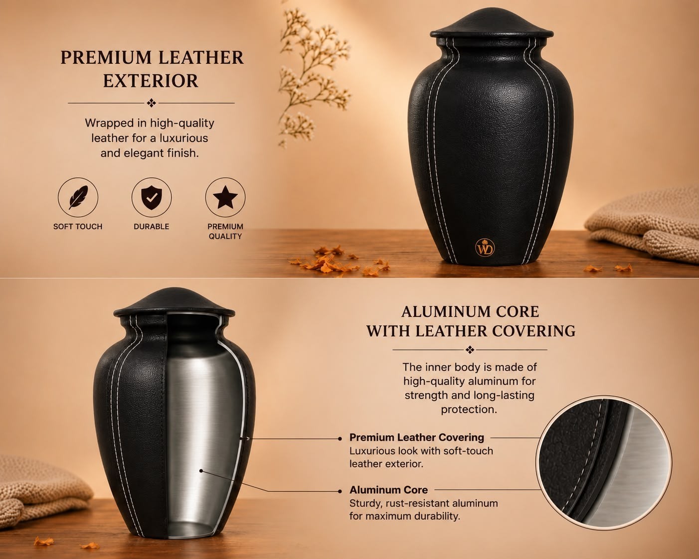 Premium Leather Cremation Urn for Human Ashes Adult 200 Cu In Aluminum Core