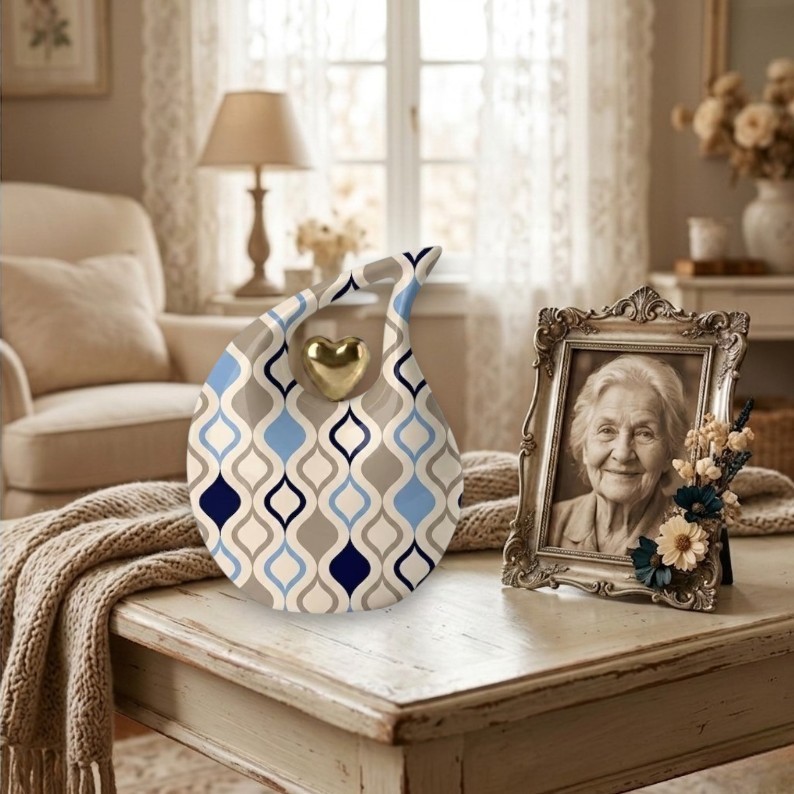 Blue Geometric Ogee Teardrop Cremation Urn Adult 200 Cu In Ashes for Love Ones