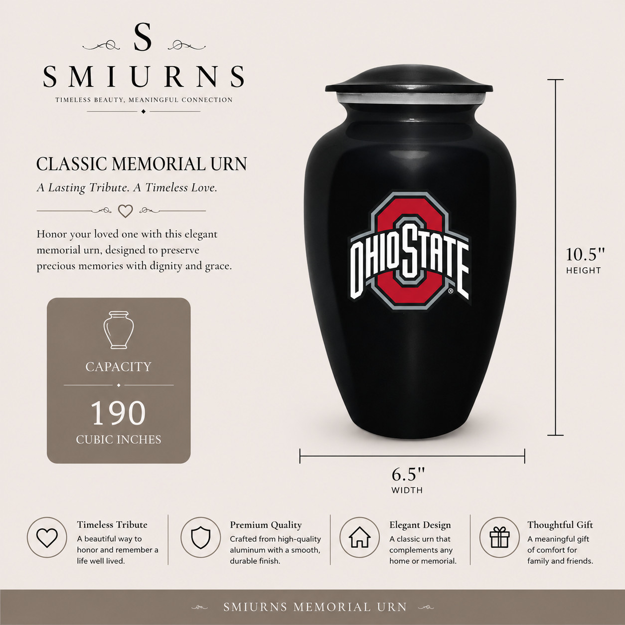 Ohio State Buckeyes Cremation Urn Memorial Black Adult Human Ashes for Men Women