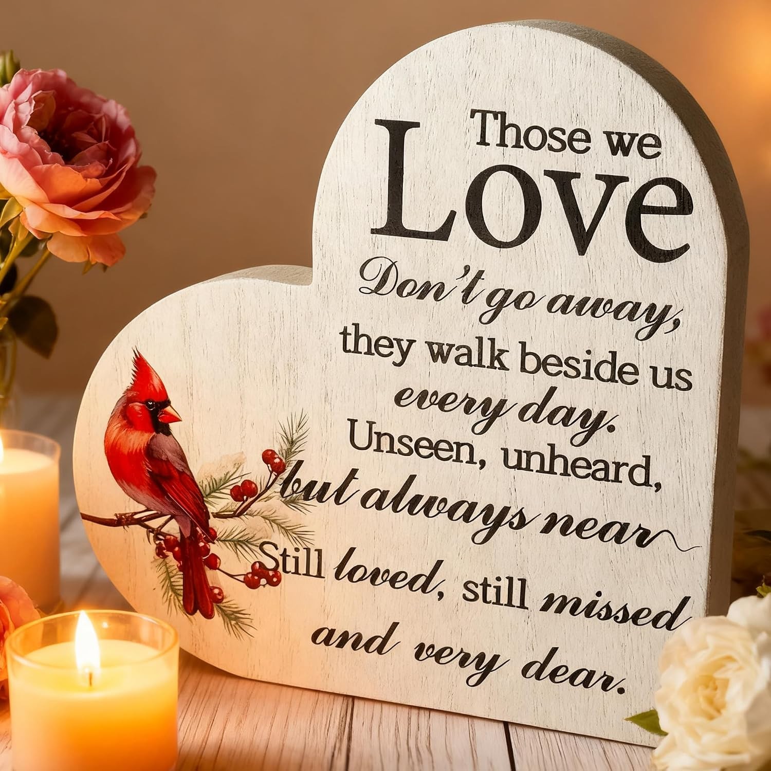 Wooden Heart Memorial Plaque Cardinal Sympathy Table Decor Bereavement Gift Sign