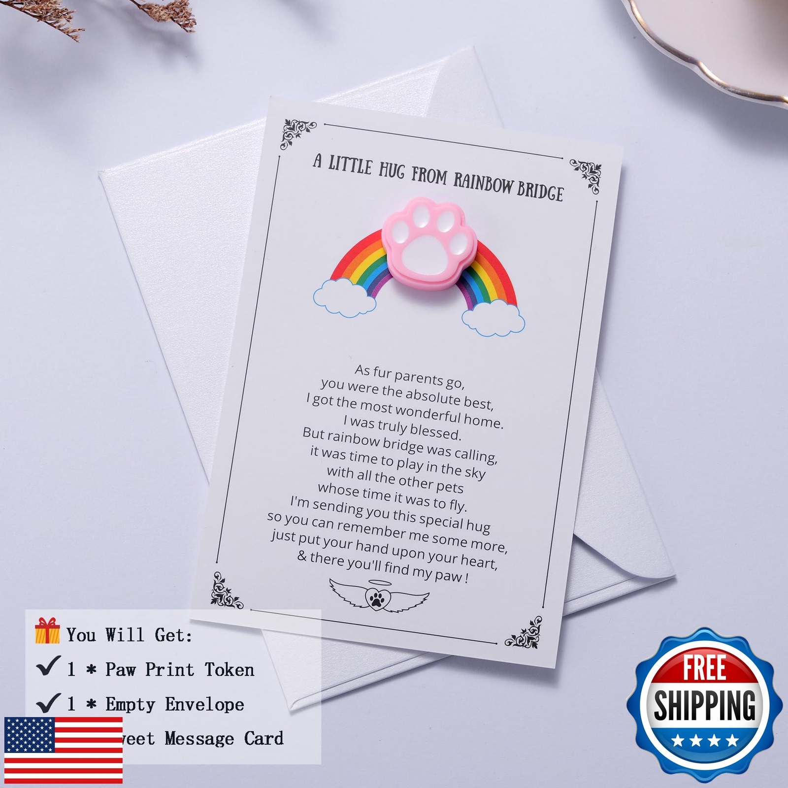 Pet Memorial Keepsake, Rainbow Bridge Pocket Hug with Paw Print Token, Sympat