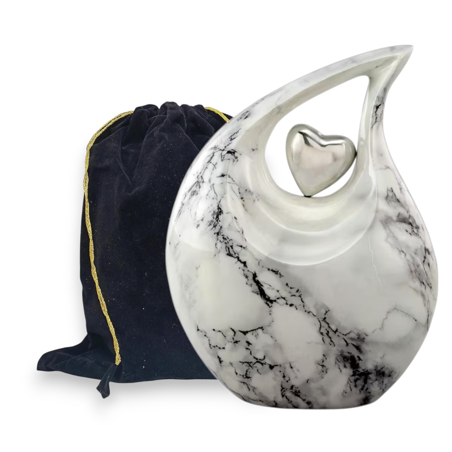 White Black Marble Teardrop Cremation Urn Adult Human Ashes for Male & Female