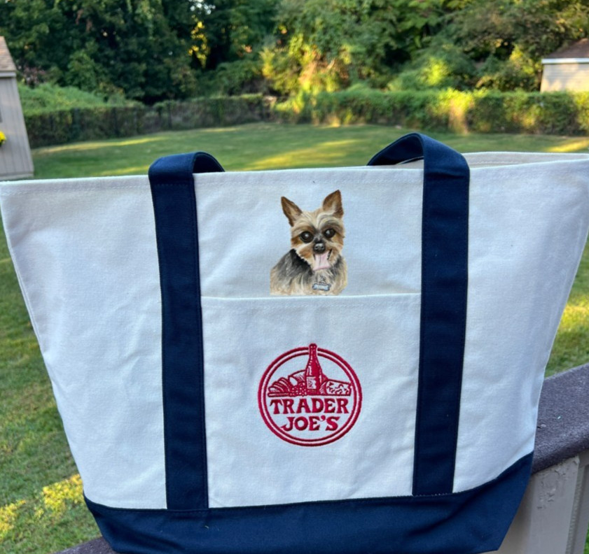 TRADER JOES LARGE CANVAS TOTE BAG HAND PAINTED DOG PET PORTRAIT FROM PHOTO