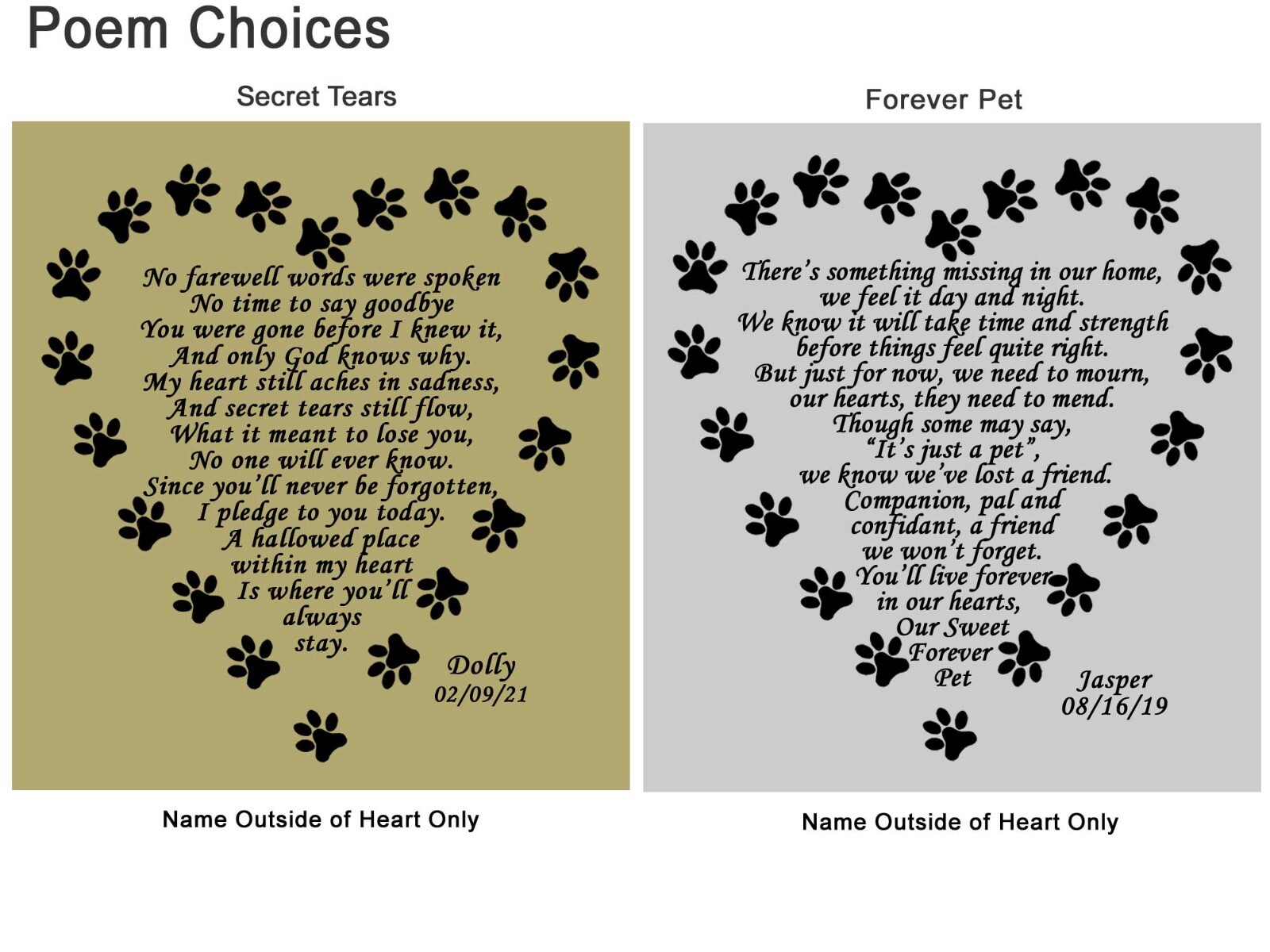 Custom Engraved Pet Name Plate, Pet Loss Poem Plate, Multiple Choices, Dog, Cat