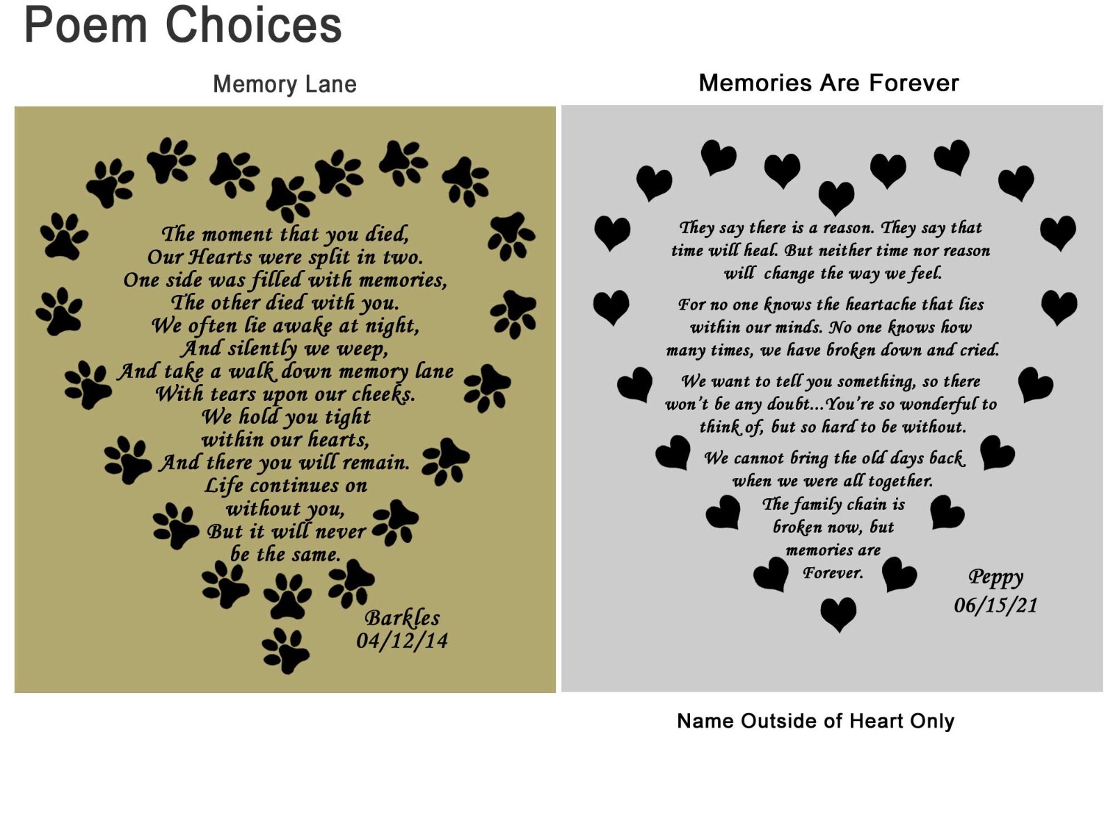 Custom Engraved Pet Name Plate, Pet Loss Poem Plate, Multiple Choices, Dog, Cat