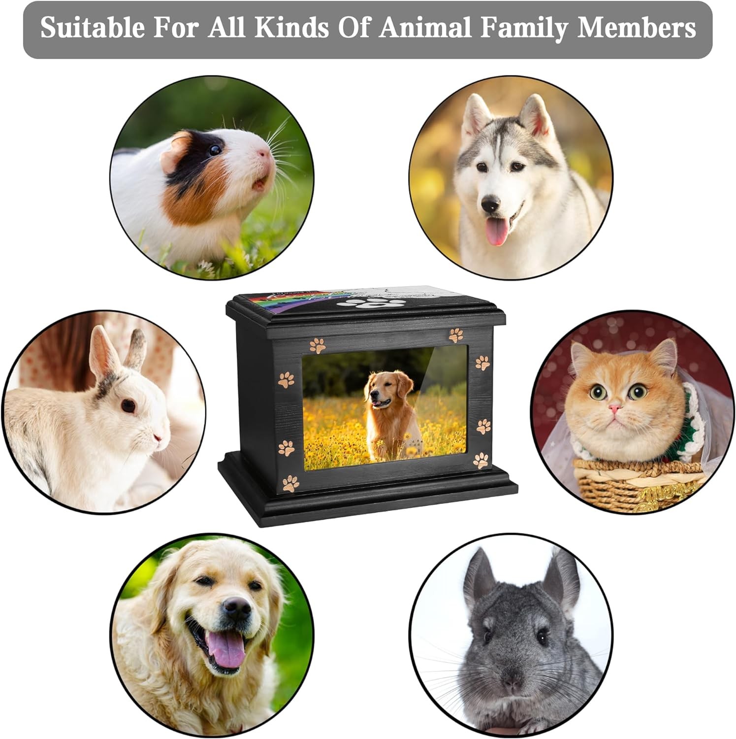 Large Wooden Pet Memorial Urn w/ Photo Frame Keepsake Box for Ashes or Burial