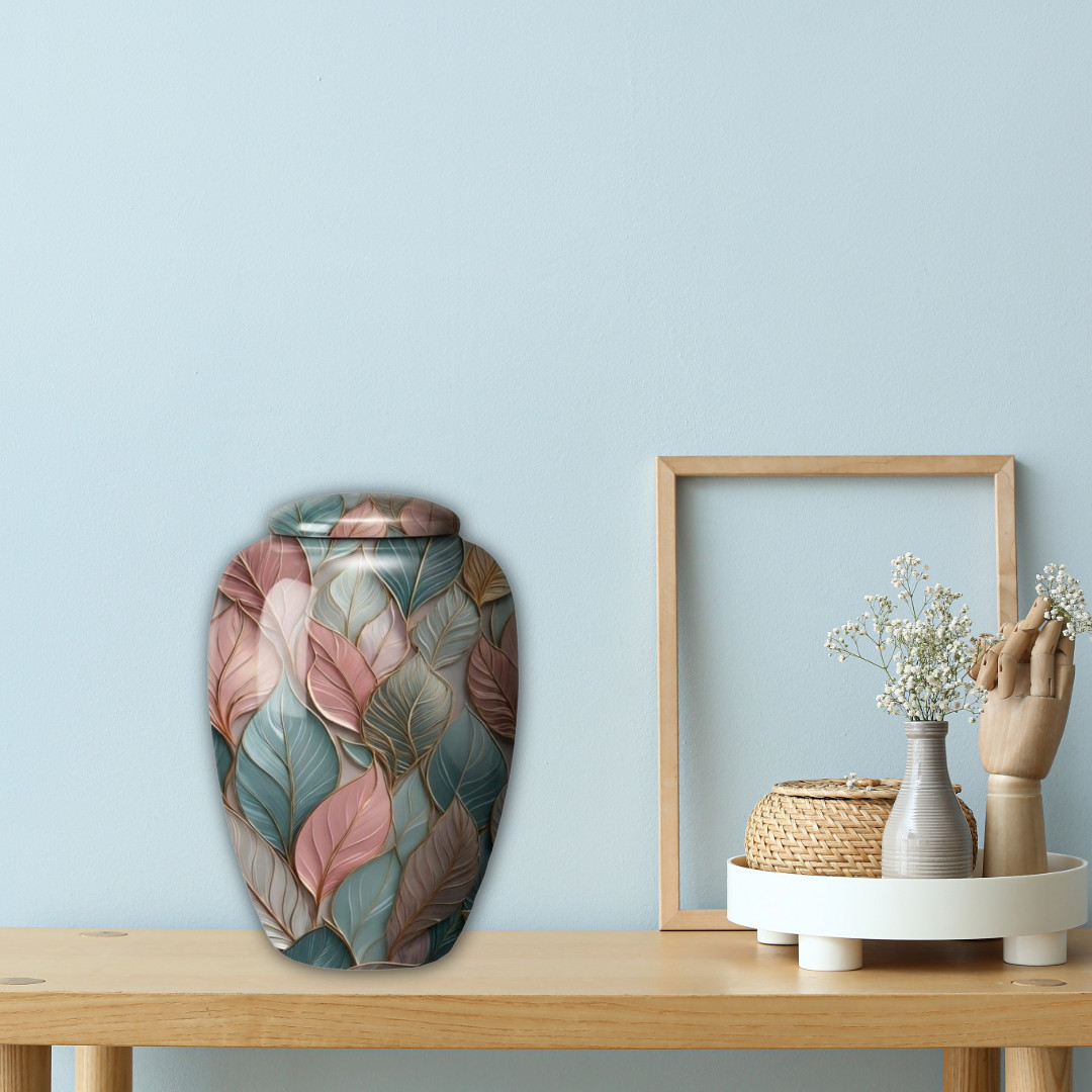 Pastel Leaf Cremation Urn for Human Ashes – Adult Large 190 Cu/In Memorial + Bag