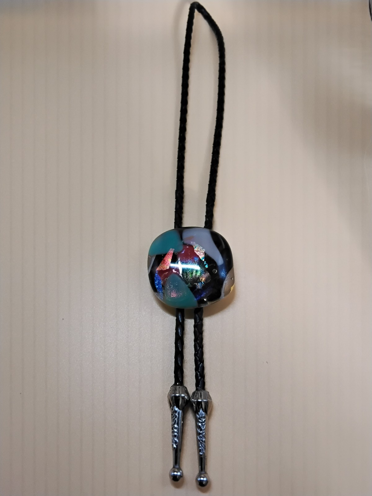 Dichroic Bolo for Pet Cremation Urn | Memorial Bolo | Black Genuine Leather