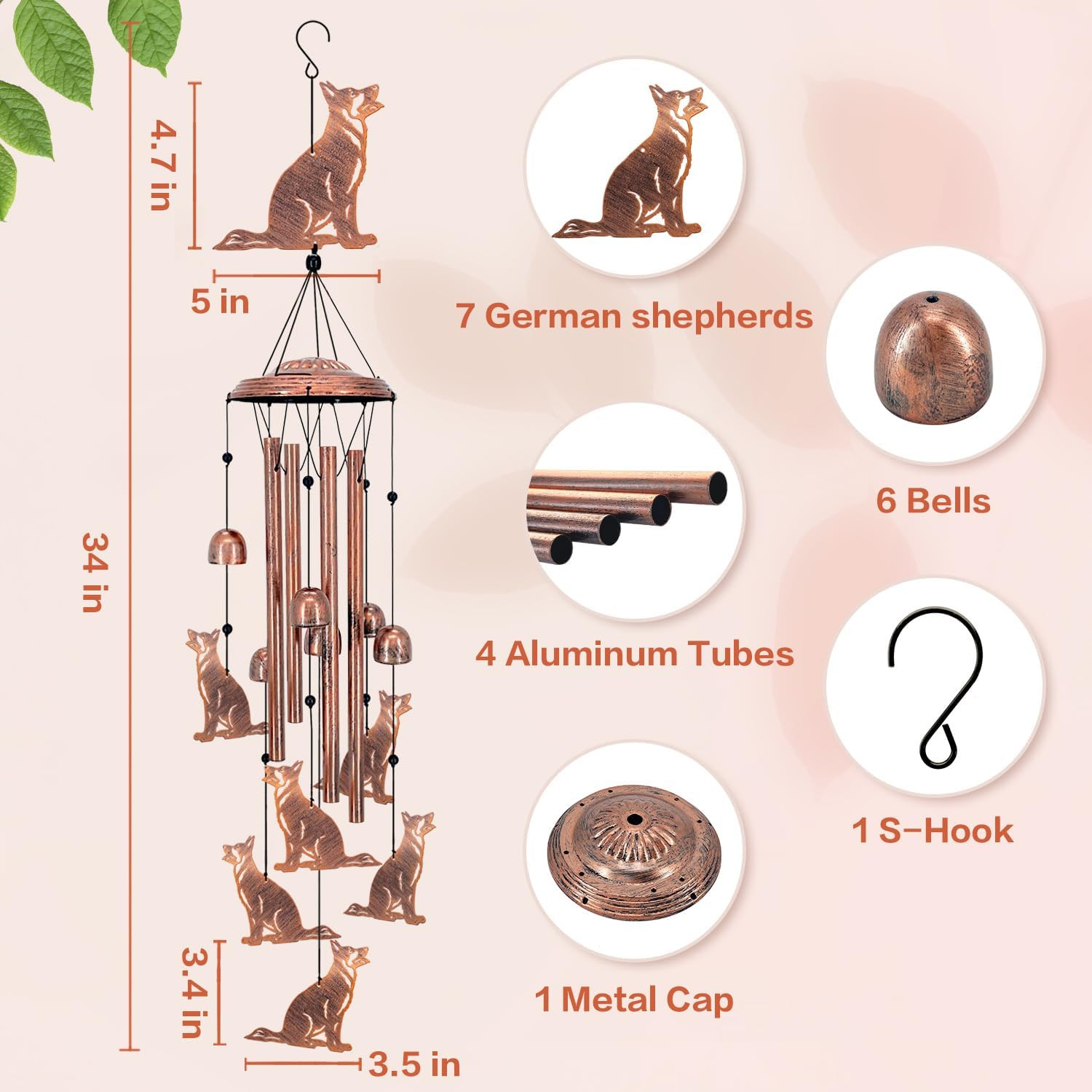German Shepherd Dog Wind Chimes for Outside,Dog Gifts for Women Men/Memorial/Sym
