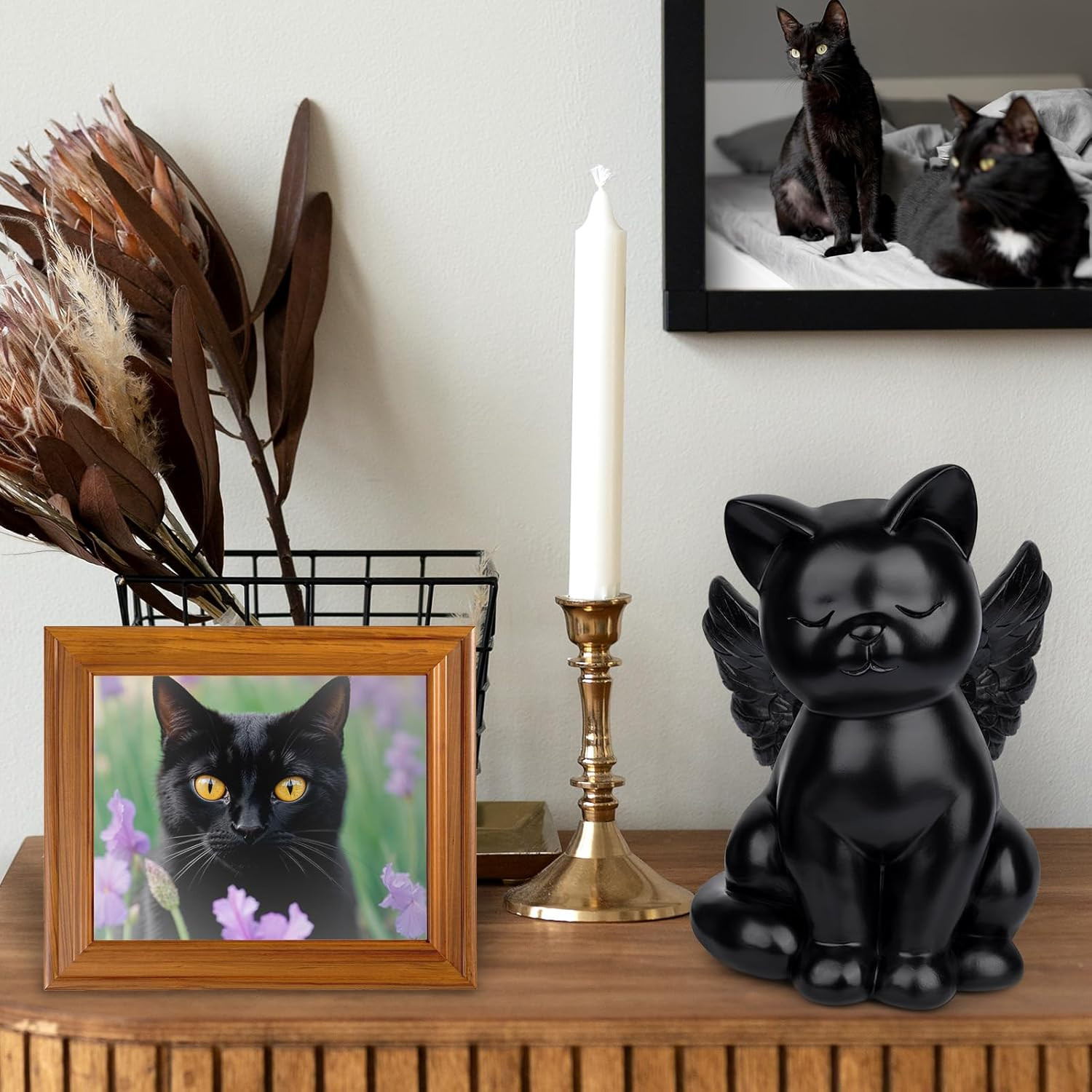 Black Cat Urn for Ashes – Sleeping Angel Memorial Figurine, Cremation Funeral St
