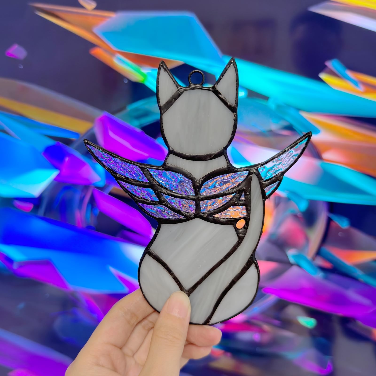 FLUFFYCAPTAIN Stained Glass Grey Angel Cat Suncatcher Pet Memorial Handcrafted