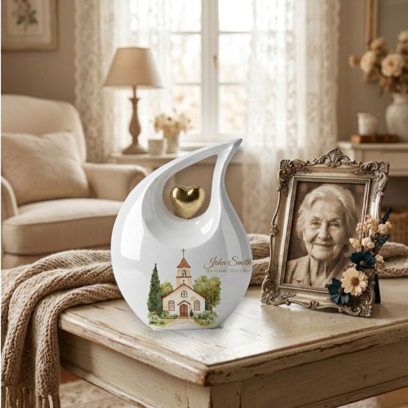 Personalized Church Teardrop Aluminum Cremation Urn Adult Human Ashes Love Ones