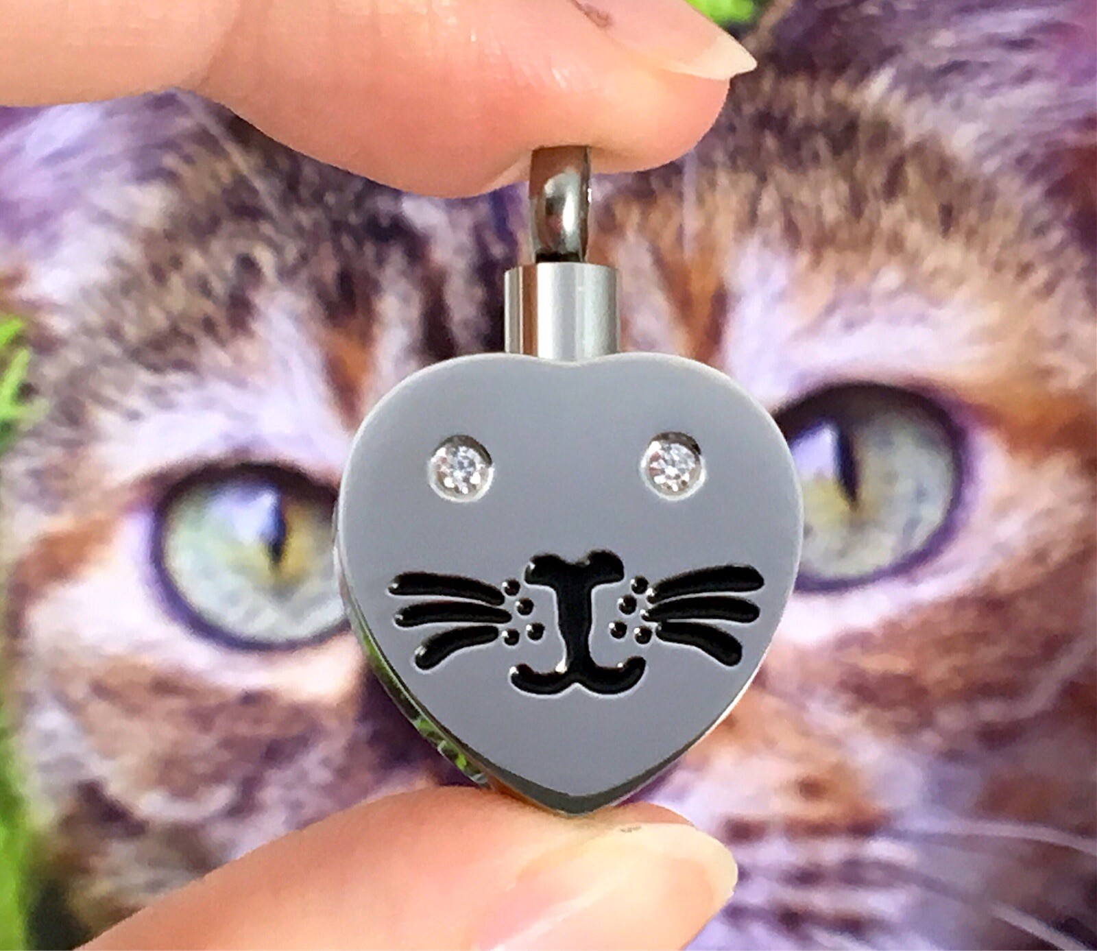 Cat Face Cremation Necklace Jewelry Pendant Urn Holds Ashes Kitty Crystal Eyes