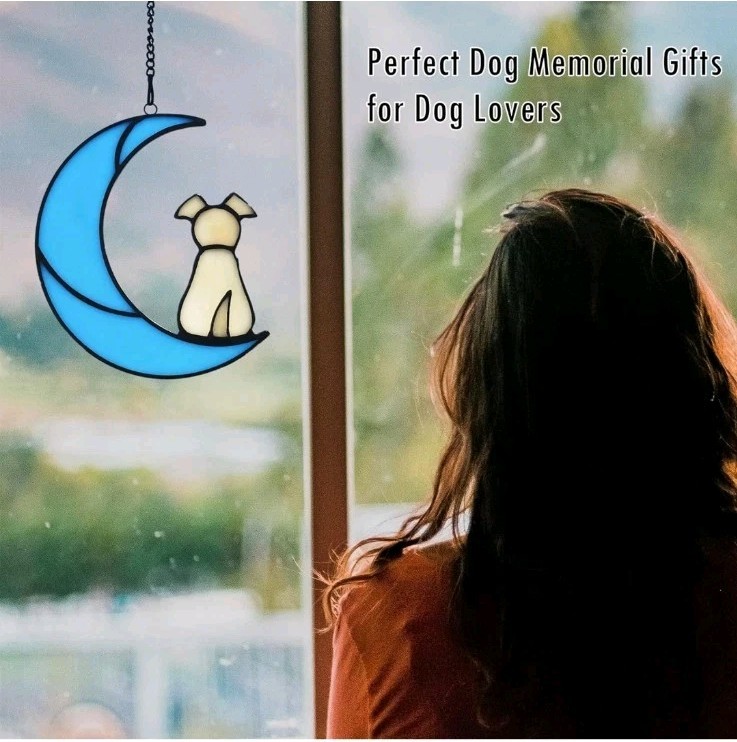 Stained Glass Dog Memorial Gifts for Dog Lovers, Yellow Dog Decor on Blue Moo…