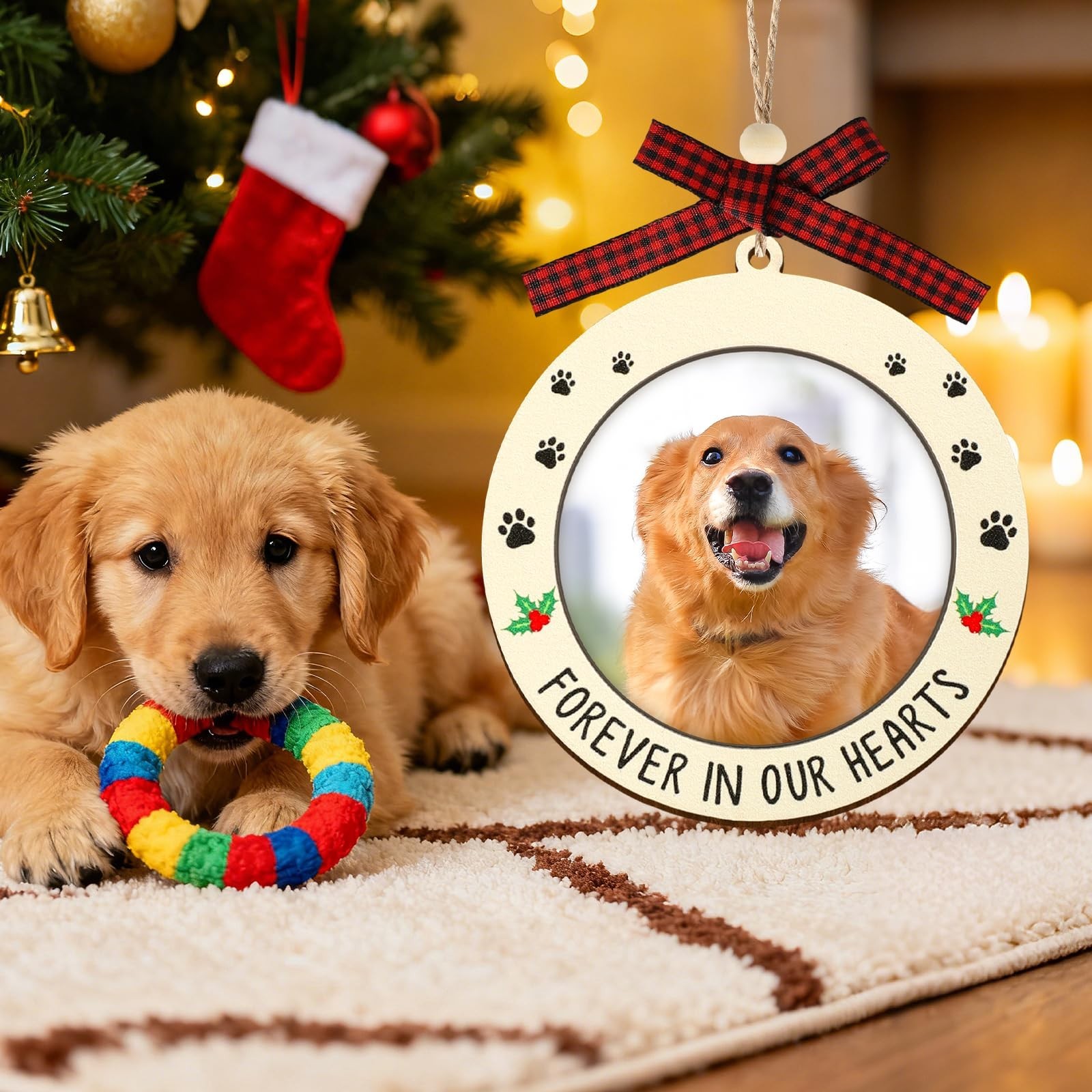 Dog Memorial Photo Ornament 2025, Forever in Our Hearts Wooden Hanging 2.5″ P…