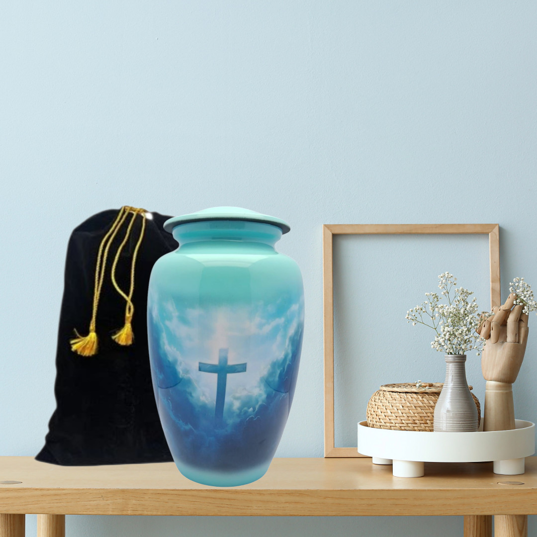Green Christian Cremation Memorial Urn Cross Adult Funeral Ashes Urns Vase w/Bag
