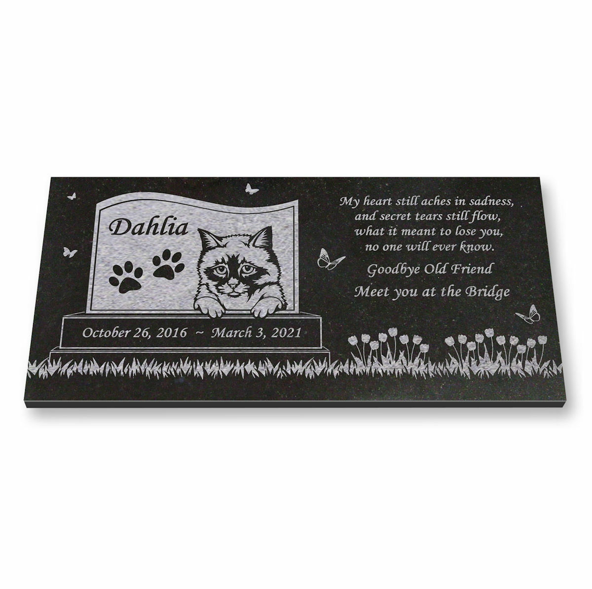 Personalized Cat Memorial – Granite Stone Pet Grave Marker – 6×12 – Dahlia