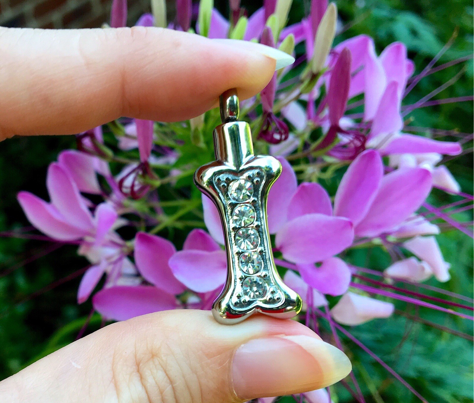 Dog Cremation Pendant Urn Keychain 1″ Key Ring for Ashes Silver Crystal Bone