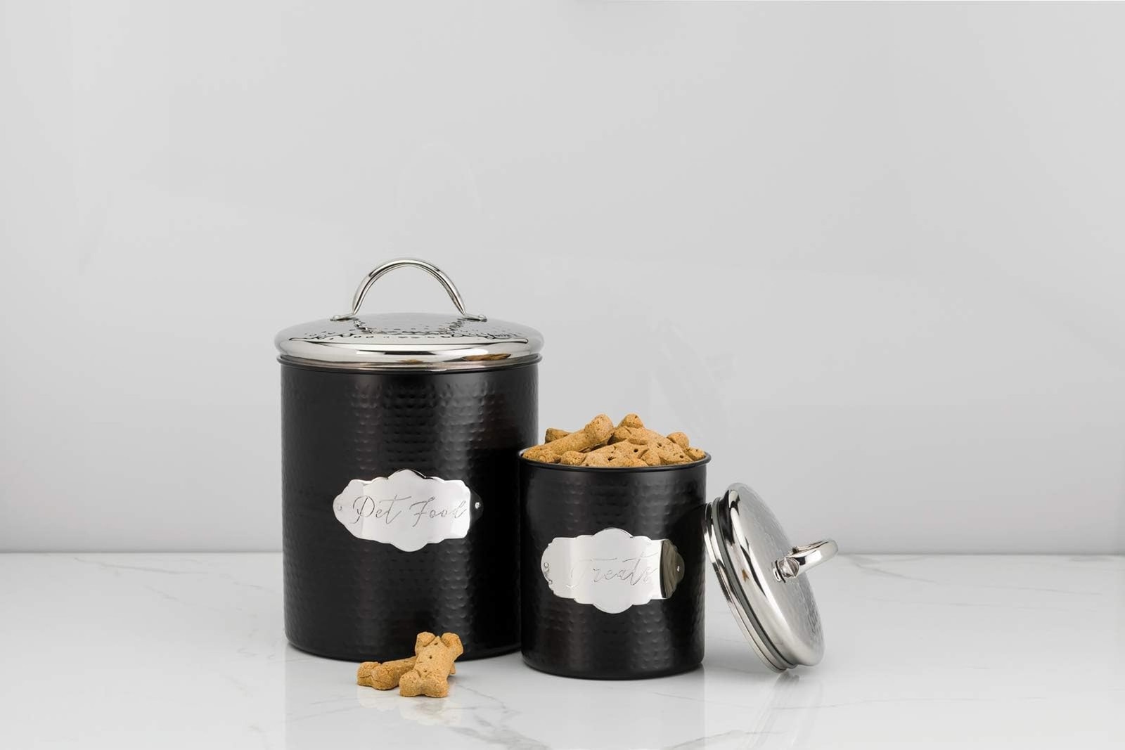 Amici Pet Cavalier Black/Silver 40 & 118 oz Metal Treats Canisters, 2 Size Set