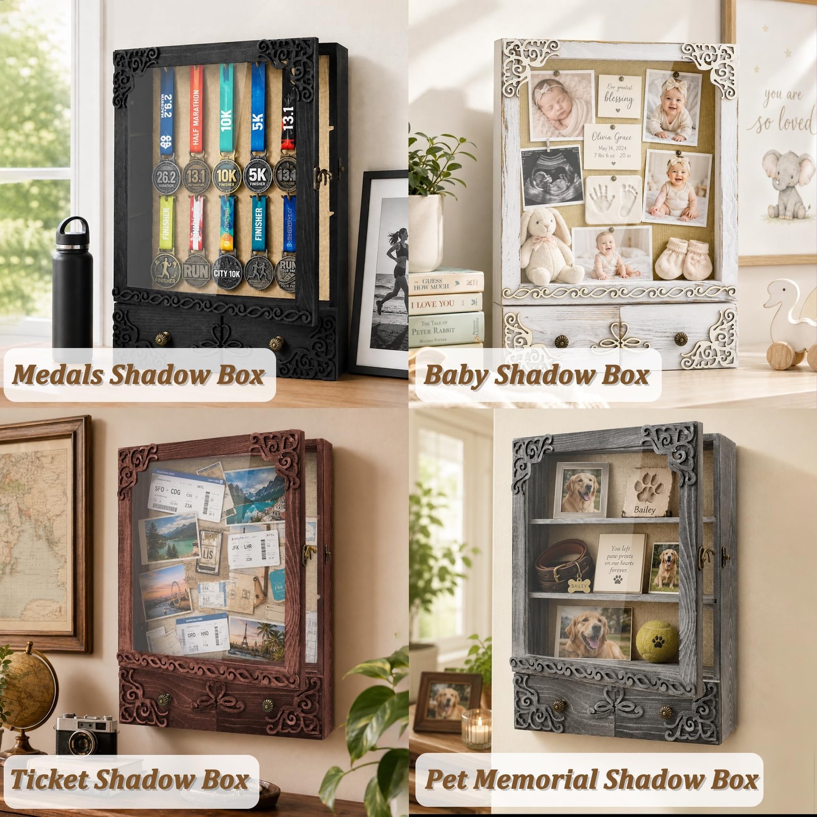 11×16 Shadow Box Frame with Light, Memorial Display Case with Shelves, Drawer…