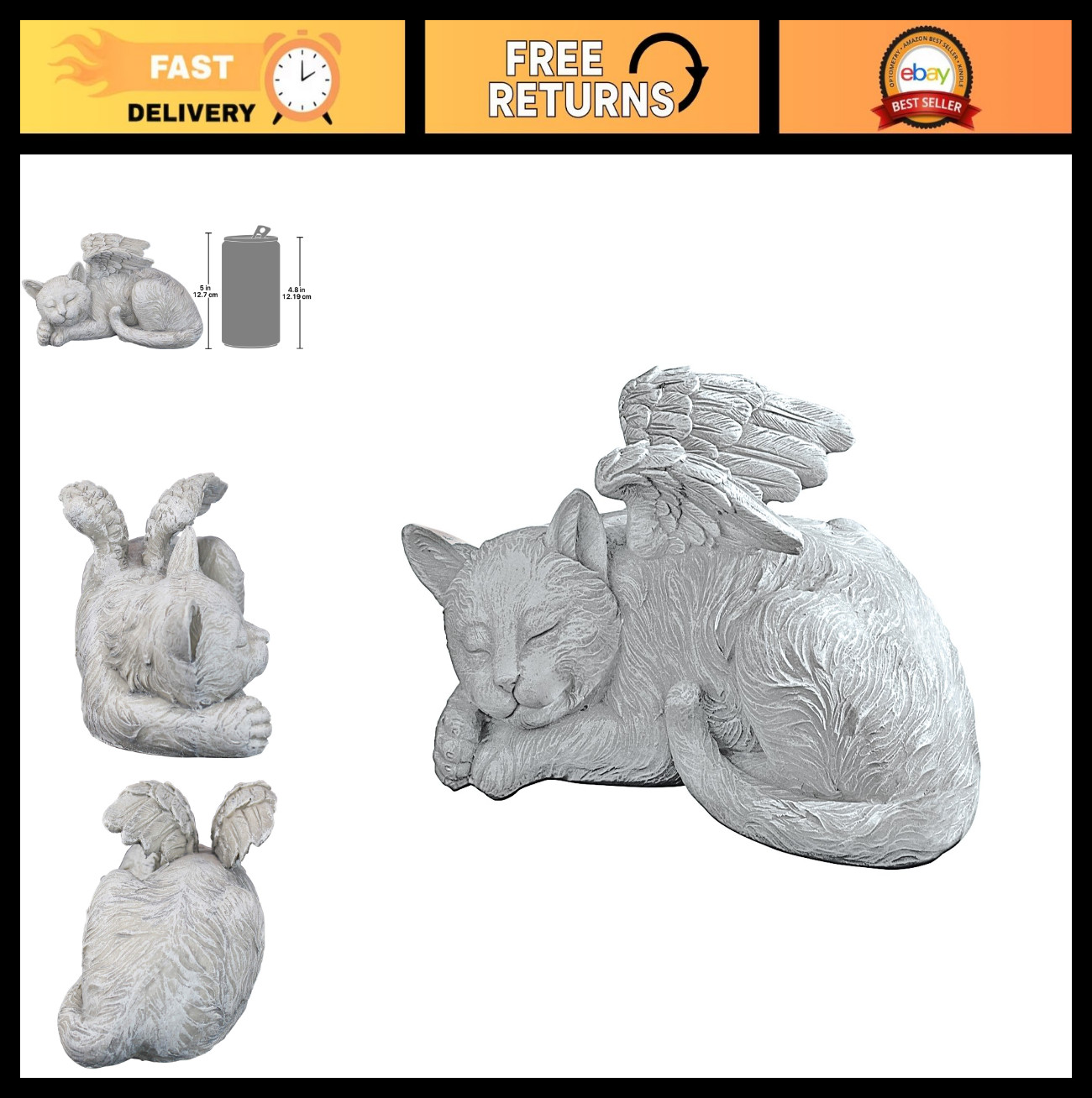 Cat Angel Pet Memorial Statue – 10″ Tribute Grave Marker, Antique Stone Finish