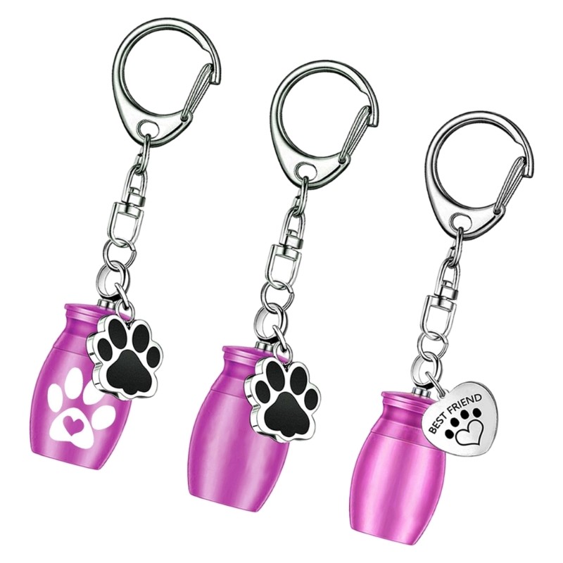 3PCS Urn Keychain Jewelry Dog Ashes Container Metal Pet Memorial Charm