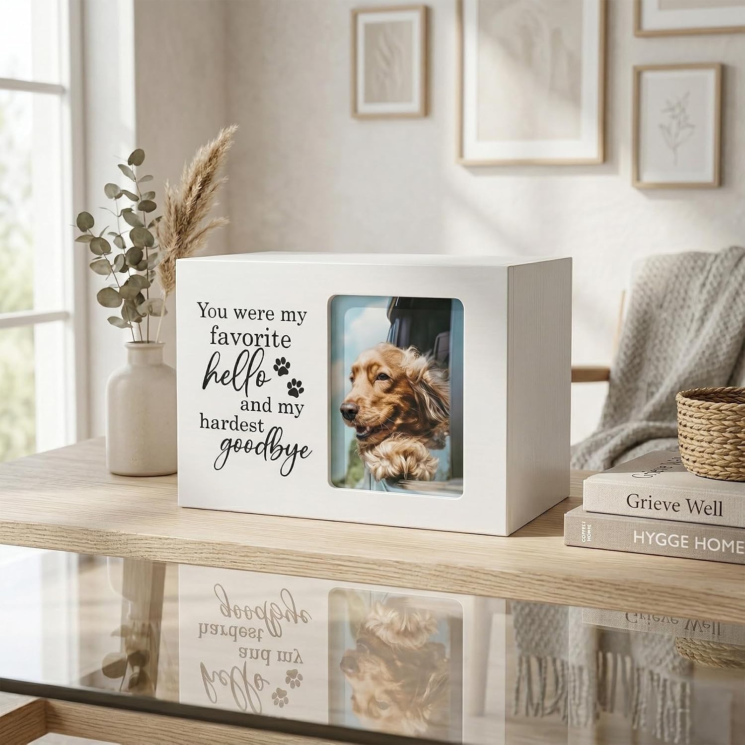 Sympathy Urn for Dog Loss White Wooden Pet Memorial Box with Photo Insert
