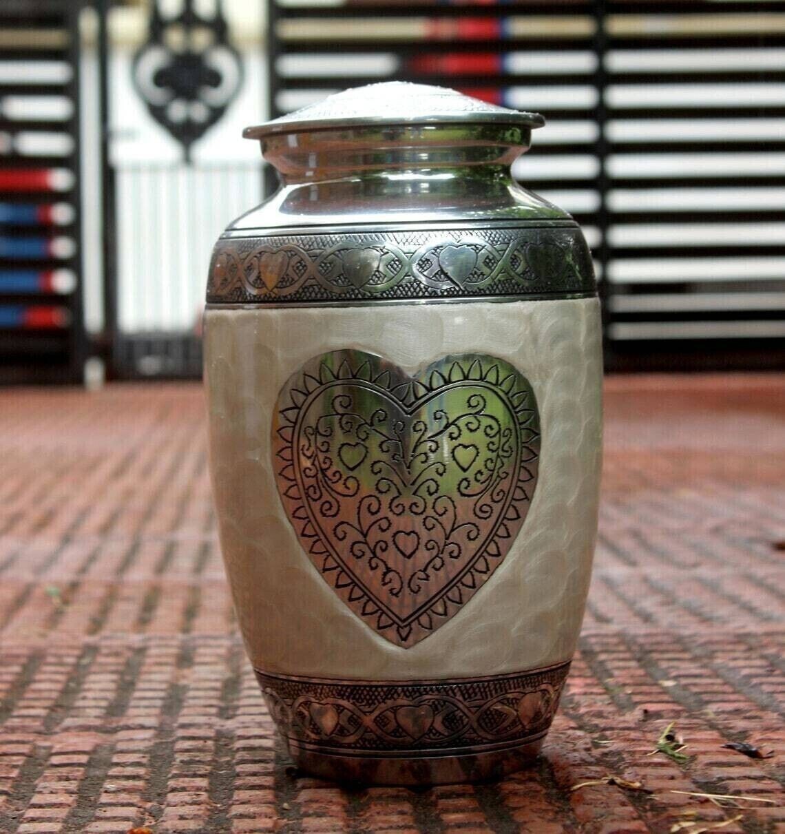 Silver Heart Cremation Urn, Urns for Human Ashes, Large Urns for ashes