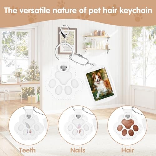 Pet Hair Keychain, Cute Leather Cat Paw Keychain with Acrylic Small Photo White
