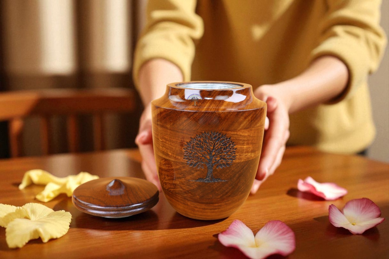 Handcrafted Rosewood Cremation Urn – Tree of Life Engraved Wooden Funeral Urn