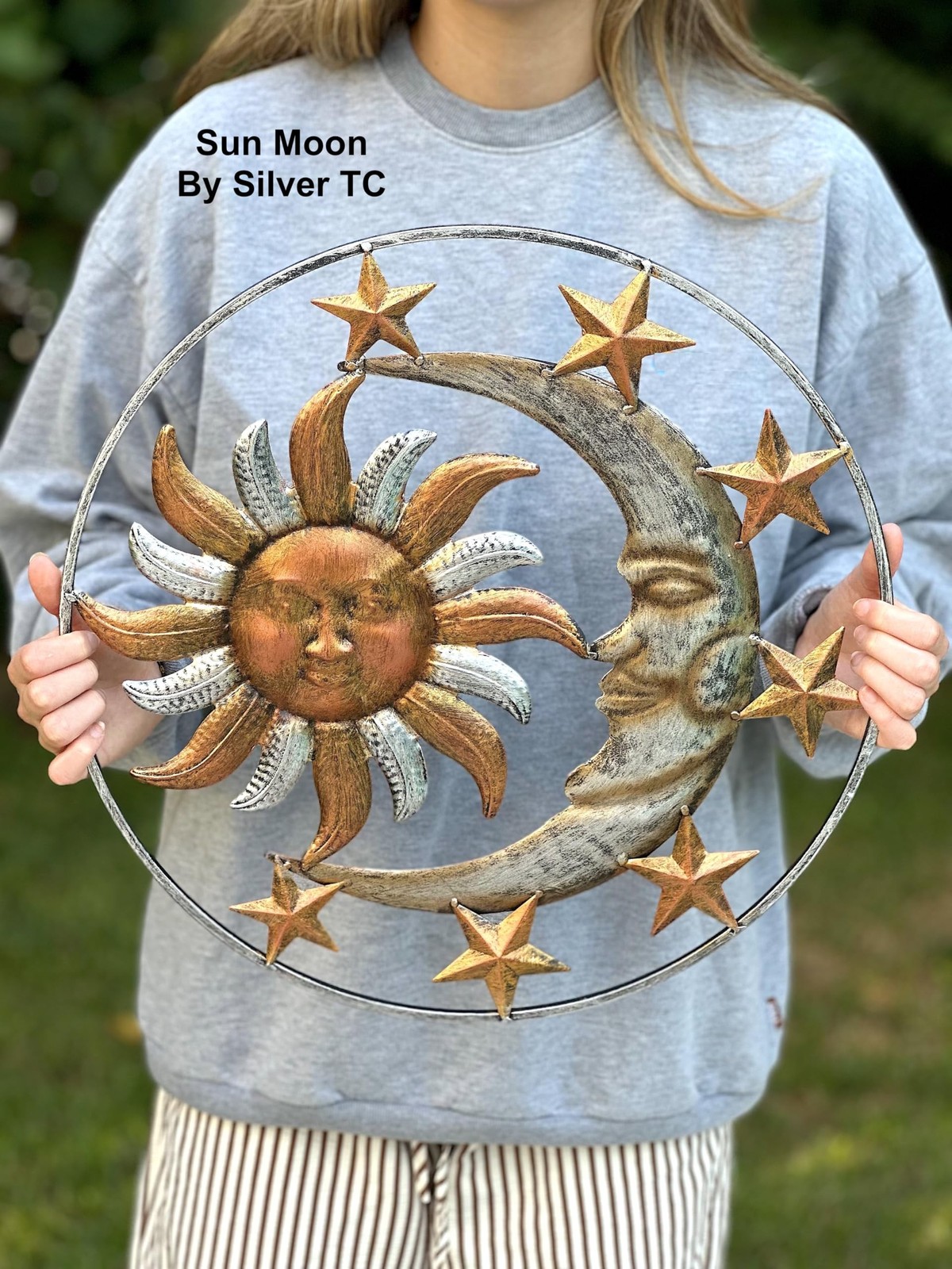 Large Metal Sun Moon Star Wall Art Sculpture Decor for Indoor Outdoor (17″ Di…