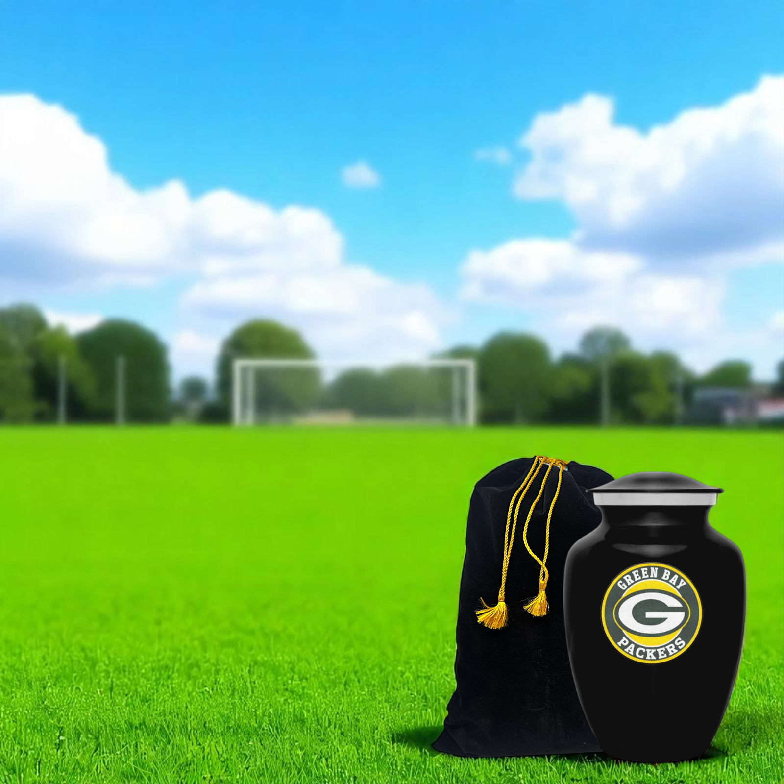 Black Green Bay Football Style Cremation Urn Adult Ashes Metal 8 Inch Urns