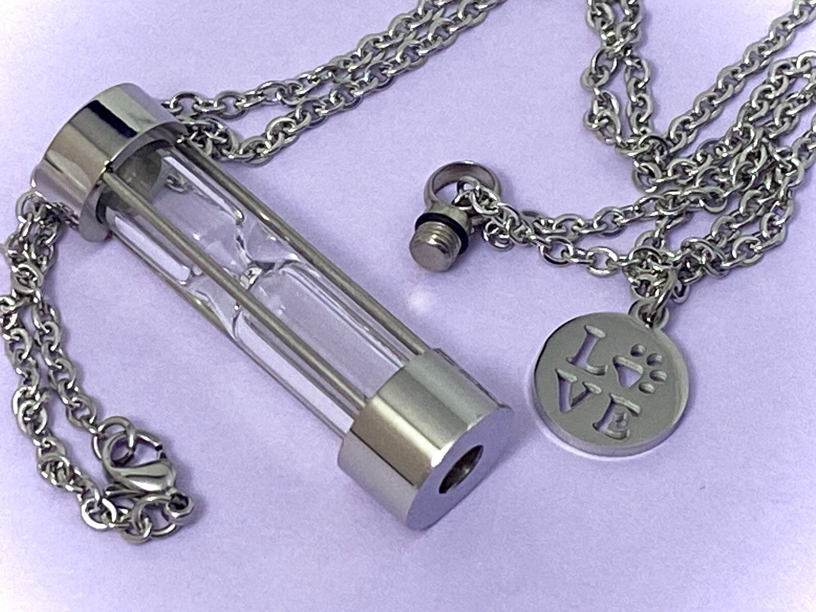 Pet Cremation Jewelry Urn Necklace Hourglass for Ashes Dog Cat LOVE Paw Print