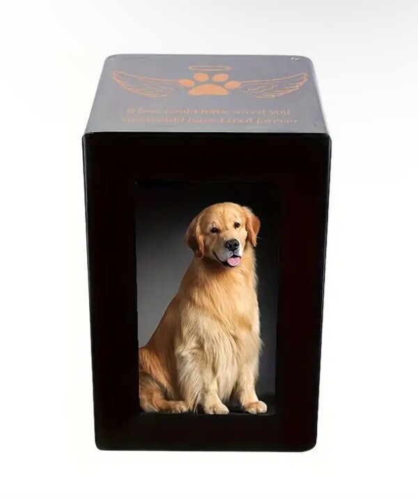Pet Urn 6″x4″ Photo Dark Brown Keepsake Box Dogs Cats Ashes Memorial Slide Open