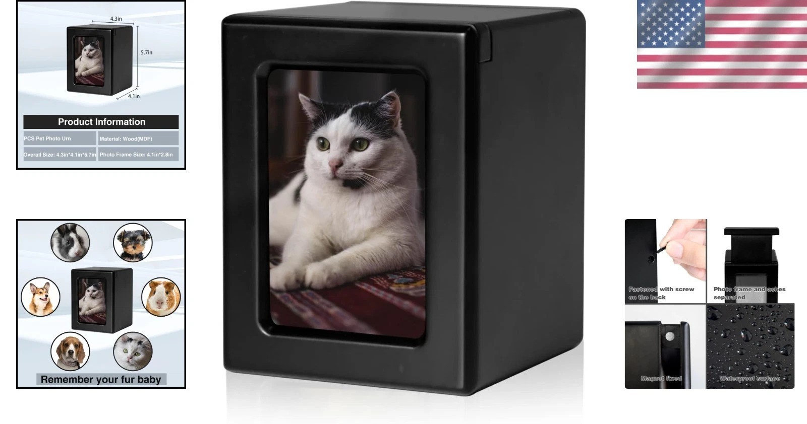 Sliding Photo Frame Cat Urn – Polished Black Wooden Memorial for Cherished Pets