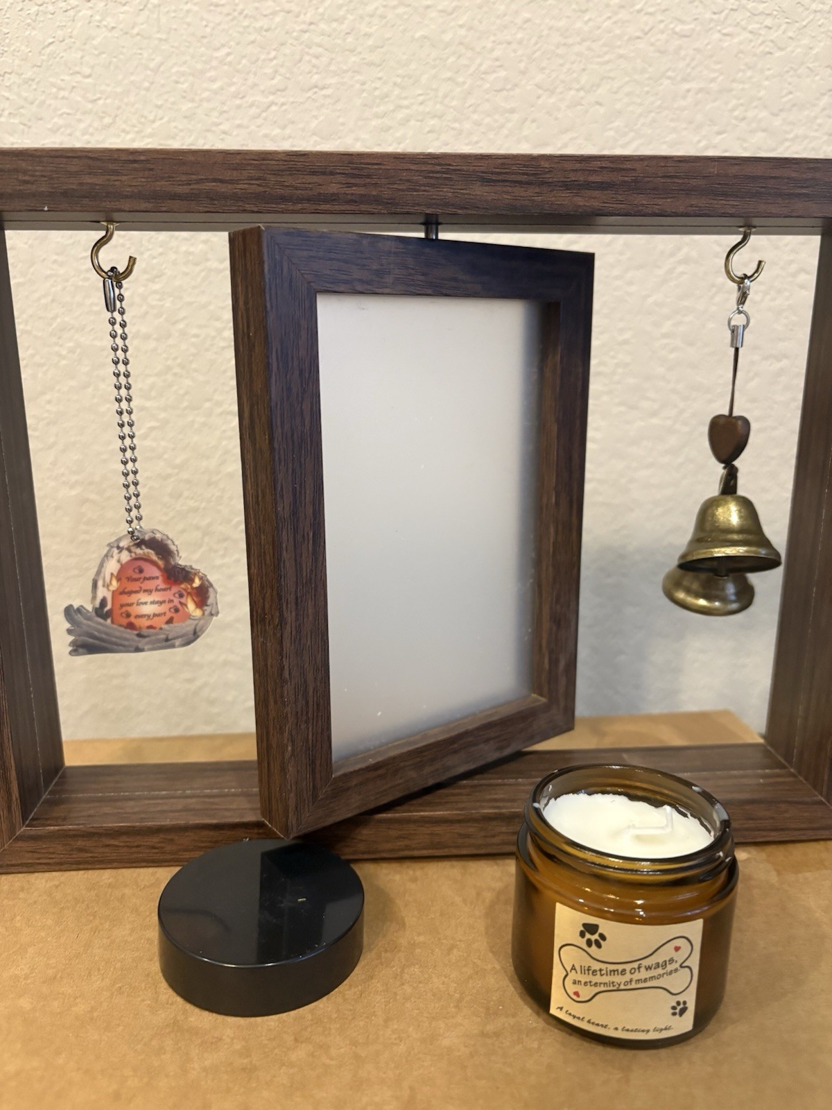 Pet Memorial Tabletop Floating/Swivel Frame With Candle, Bell, Charm 11” X 8”